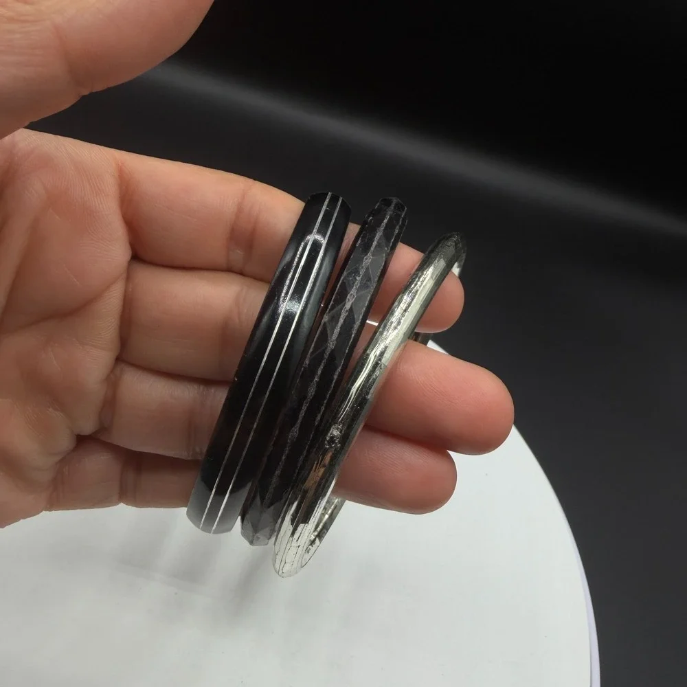 Black Silver Tone Bangle Bracelet Set of 3 Faceted Stackable Chunky Gothic Y2K